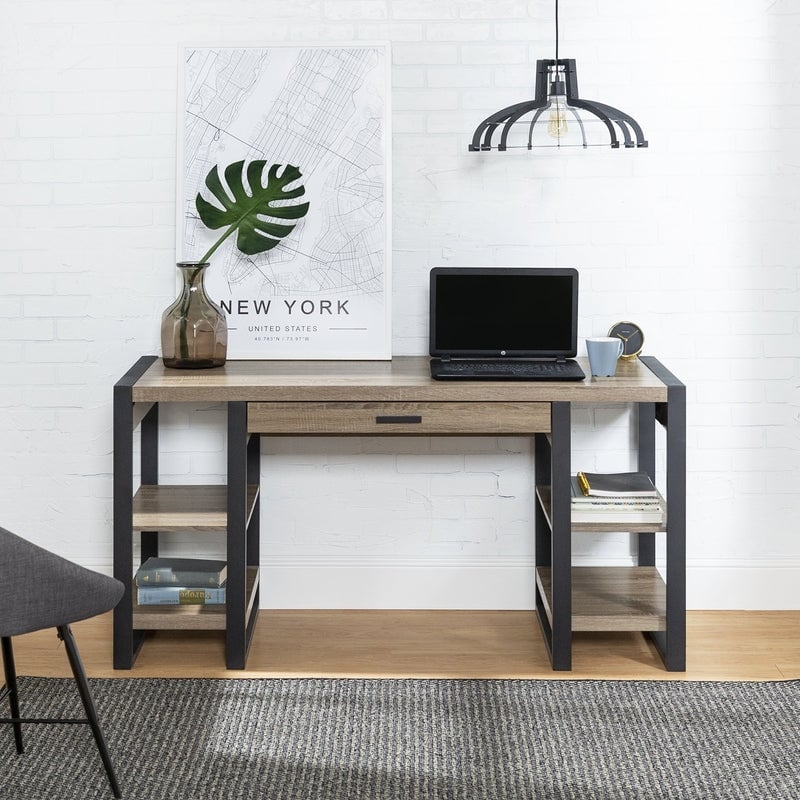 Urban Blend 60" Dual Shelf Wood Computer Desk with Power Strip - Driftwood - Image 1