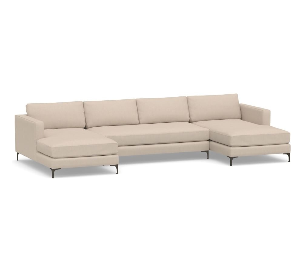 Jake Upholstered U-Chaise Loveseat Sectional 2X1, Bench Cushion, with Bronze Legs, Polyester Wrapped Cushions, Sunbrella(R) Performance Sahara Weave Oatmeal - Image 0