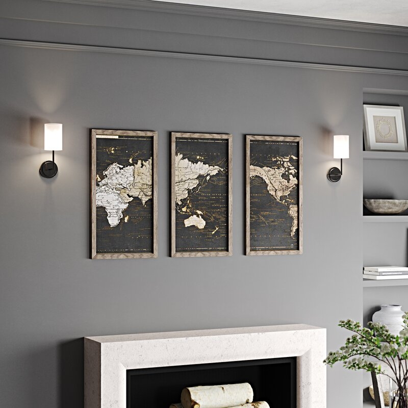 'World Map in Gold and Gray' - 3 Piece Picture Framed Graphic Art Print Set on Acrylic - Image 1