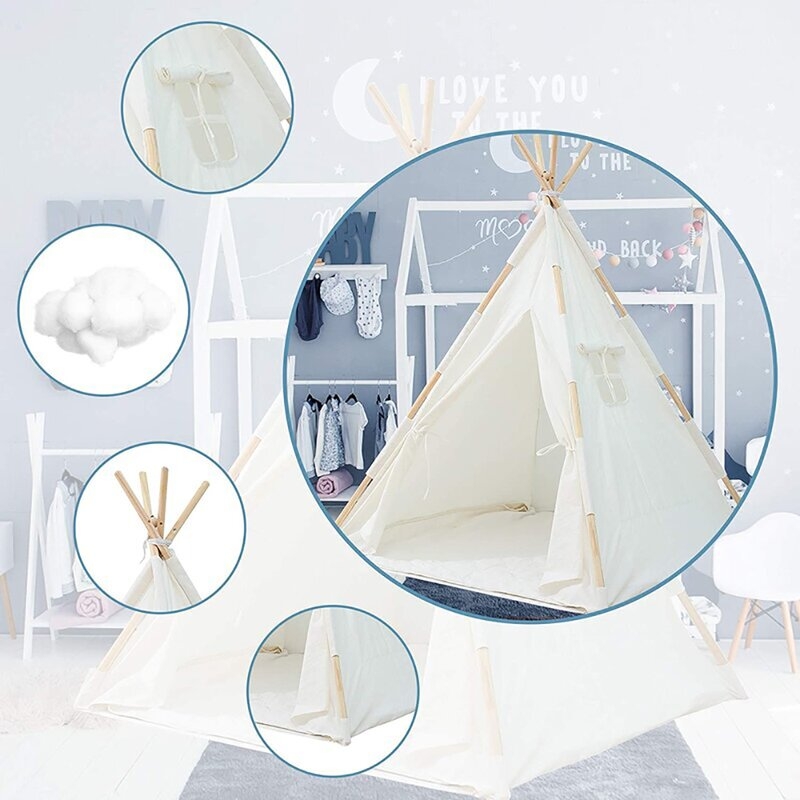 Kids Teepee Tent - Portable Kids Play Tent,Pure Cotton Children Foldable Tent With Mat,Kids Playhouse , Great For Girls/Boys Indoor & Outdoor Playing (No Windows),White - Image 4