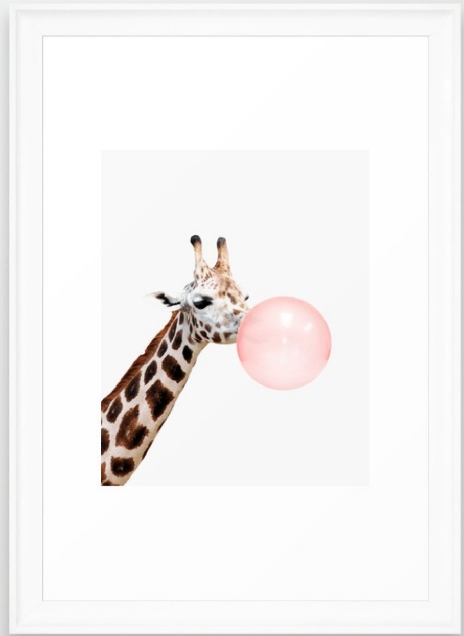 Giraffe, Bubble gum, Pink, Animal, Nursery, Minimal, Trendy decor, Interior, Wall art Framed Art Print - 15x21 - Image 0