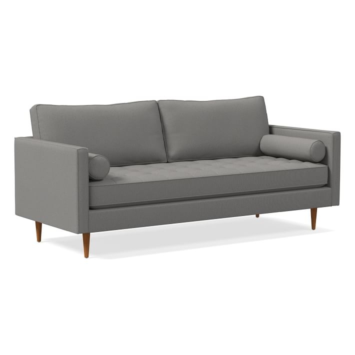 Monroe Mid-Century Tufted Seat Sofa 79", Performance Washed Canvas, Feather Gray, Pecan - Image 0