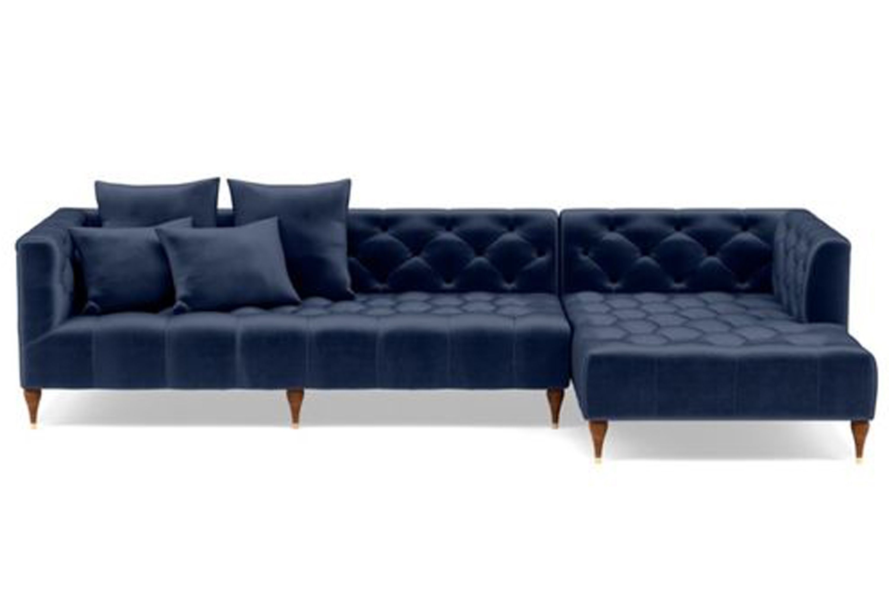 Custom Ms. Chesterfield Sectional Sofa with Right Chaise  Oiled Walnut with Brass Cap Stiletto Legs - 114", DECIDE LATER FABRIC - Image 0