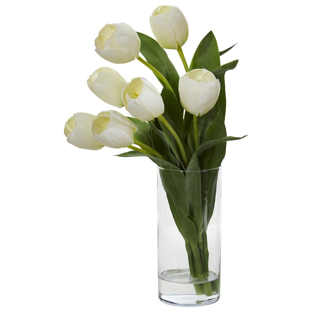 Faux White Tulip Arrangement in Cylinder Vase - Image 0