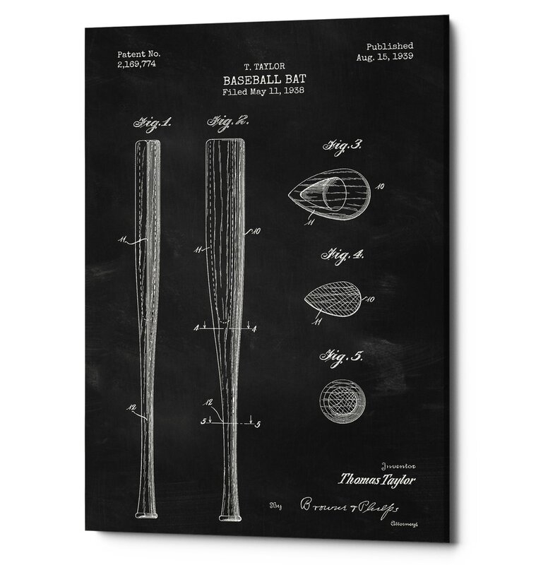 'Baseball Bat Blueprint Patent Chalkboard' Print on Wrapped Canvas in Black - Image 0