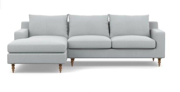 Sloan Left Sectional with Grey Ore Fabric, two cushions with standard fill and natural oak tapered turned wood leg - Image 0
