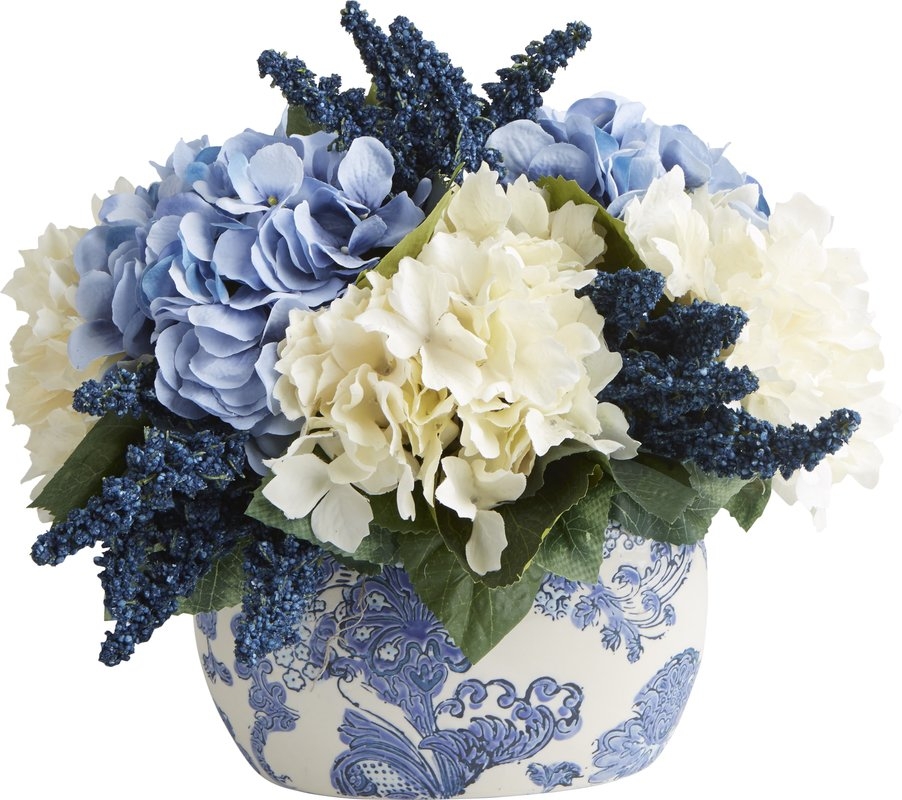 Faux Hydrangea & Heather Centerpiece in Chinoiserie - Image 0