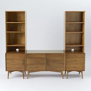 Mid-Century Media Without Hutch, Acorn (Small Console, 3-Drawer Base, 1 Door Base, 2 Narrow Hutches) - Image 0