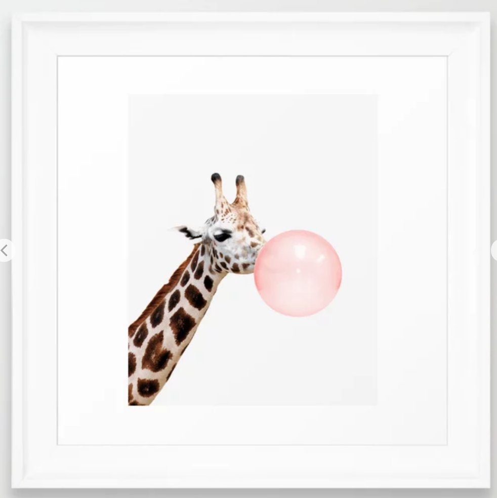 Giraffe, Bubble gum, Pink, Animal, Nursery, Minimal, Trendy decor, Interior, Wall art Framed Art Print - 12"x12" - Image 0