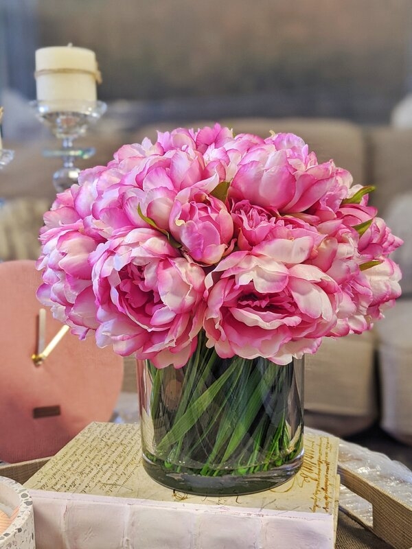Faux Peonies Floral Arrangement in Glass Vase - Image 2
