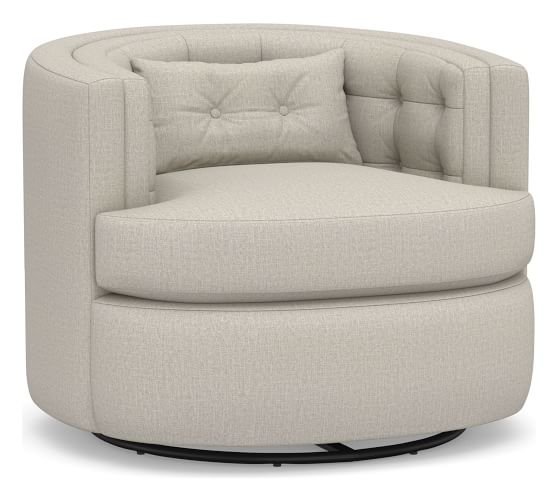 Reed Upholstered Swivel Armchair, Down Blend Wrapped Cushions, Performance Heathered Tweed Pebble - Image 0