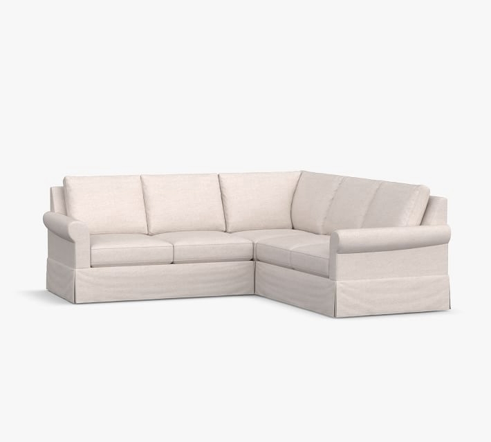 Sanford Roll Arm Slipcovered 3-Piece L-Shaped Corner Sectional, Polyester Wrapped Cushions, Park Weave Ivory - Image 0