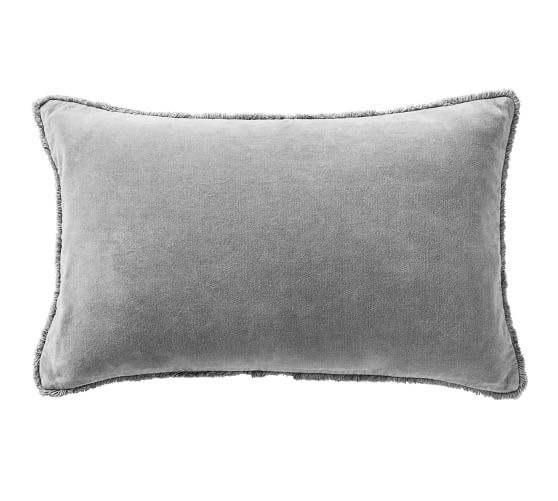 Fringe Velvet Lumbar Pillow Cover, 16 x 26", Gray - Image 0