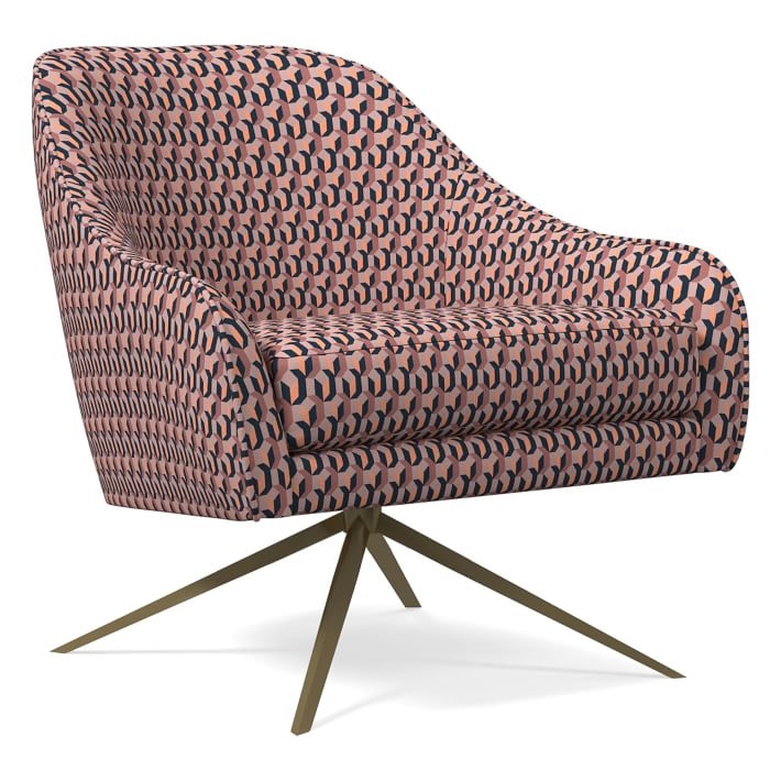Roar &amp; Rabbit Swivel Chair, Poly, Block Geo, Pink Grapefruit, Antique Brass - Image 0
