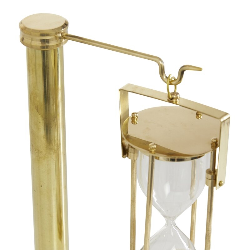 Silver Brass Hanging Sand Timer On Rectangular White Marble Base, 7" X 11" - Image 1