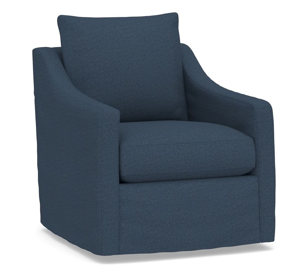 Ayden Slope Arm Slipcovered Swivel Glider, Polyester Wrapped Cushions, Brushed Crossweave Navy - Image 0