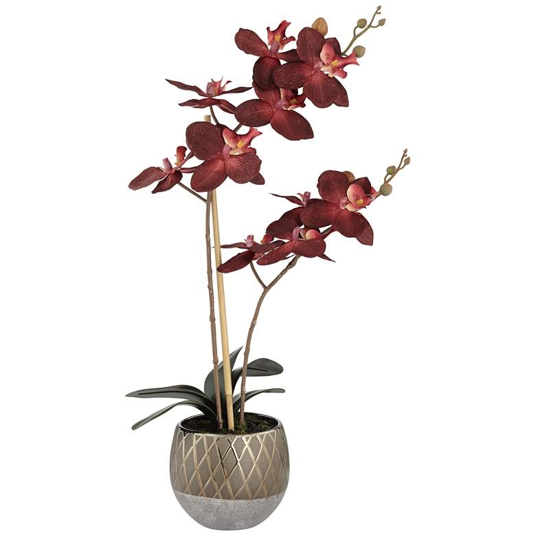 Red Orchid 23" High Faux Flowers in Ceramic Pot - Image 0
