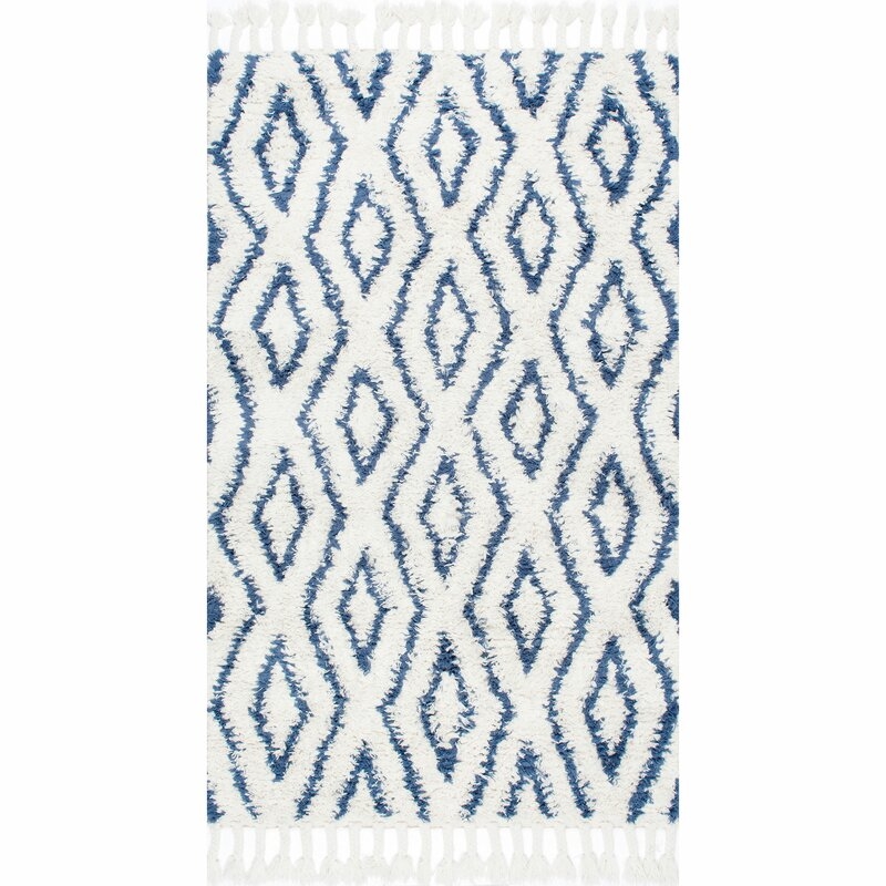 Reid Soukey Geometric Hand-Knotted Wool Blue/Bright White Area Rug - Image 0