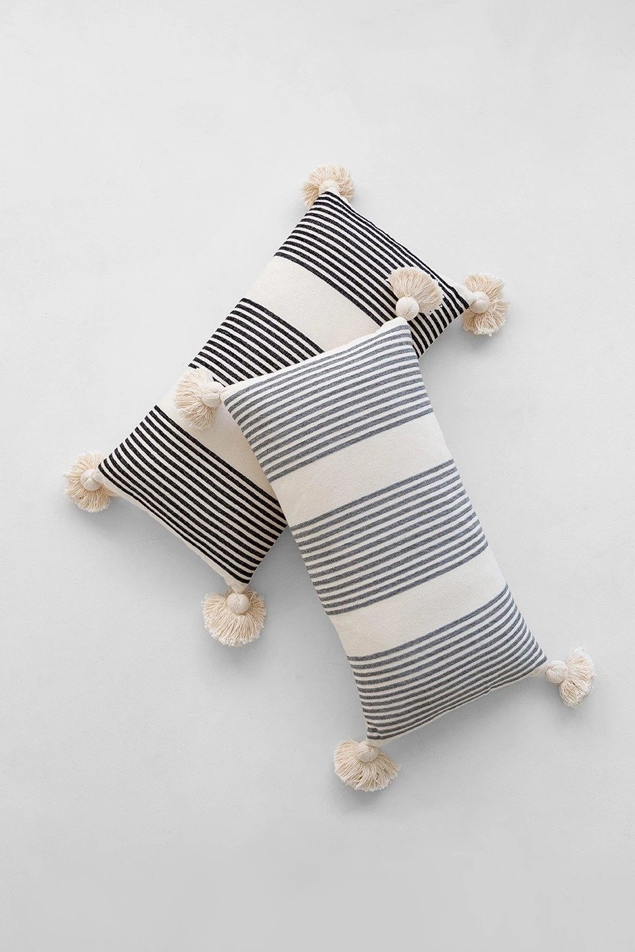 Cream Cotton & Chenille Pillow with Vertical Grey Stripes, Tassels & Solid Cream Back - Image 3