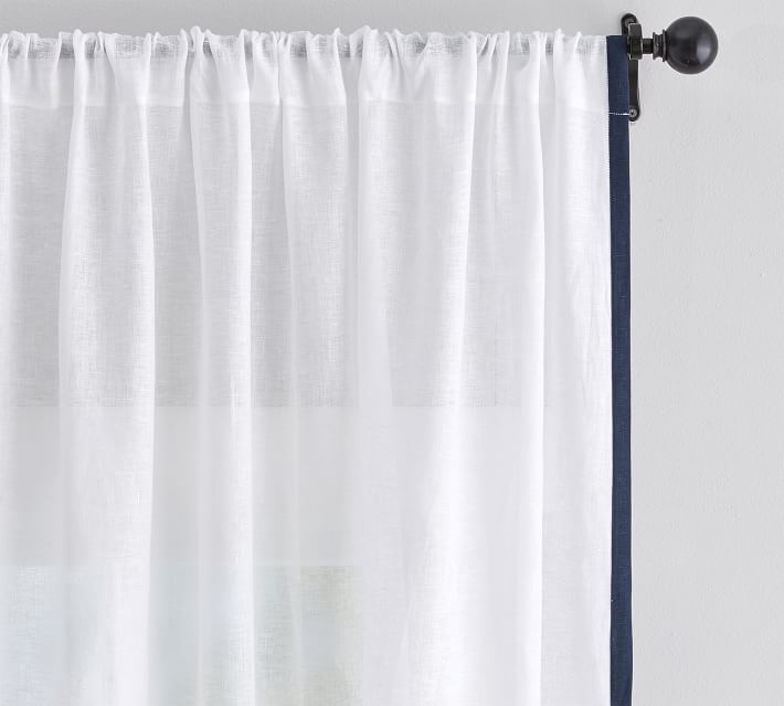 Linen Sheer Trim Curtain, 108", White/Navy - Image 1
