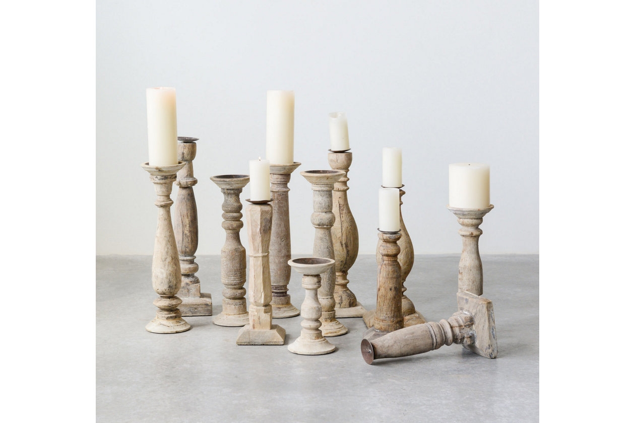 Set of 6 Different Found Wood & Metal Candleholders - Image 2