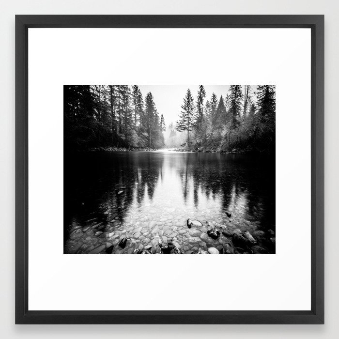 Forest Reflection Lake - Black and White - Nature Photography Framed Art Print - Image 0