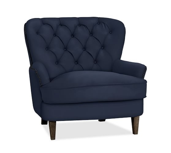Cardiff Tufted Upholstered Armchair with Nailheads, Polyester Wrapped Cushions, Twill Cadet Navy - Image 0