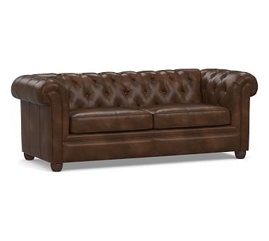 Chesterfield Roll Arm Leather Sofa 86", Polyester Wrapped Cushions, Vintage Cocoa - Image 1