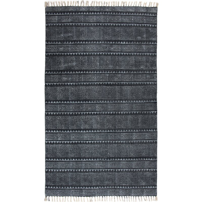 Astin Block Print Hand Woven Cotton Black/Denim Area Rug - Image 0