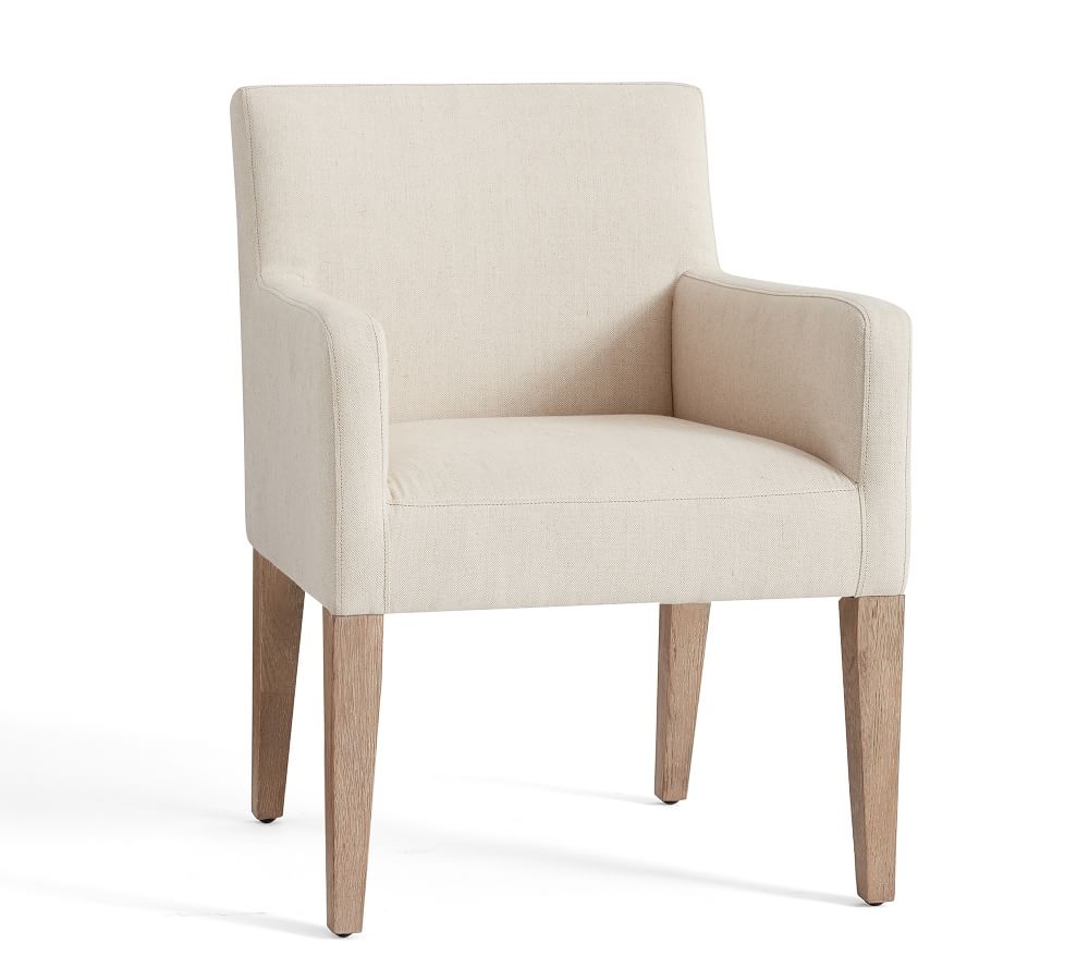 PB Classic Upholstered Dining Armchair, Blackened Oak Legs, Belgian Linen Natural - Image 0