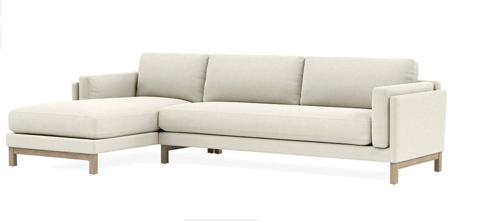 Gaby 3 piece Left Bumper Sectional with White Chalk Fabric, down alternative cushions, and White Wash Oak single rail legs - Image 0