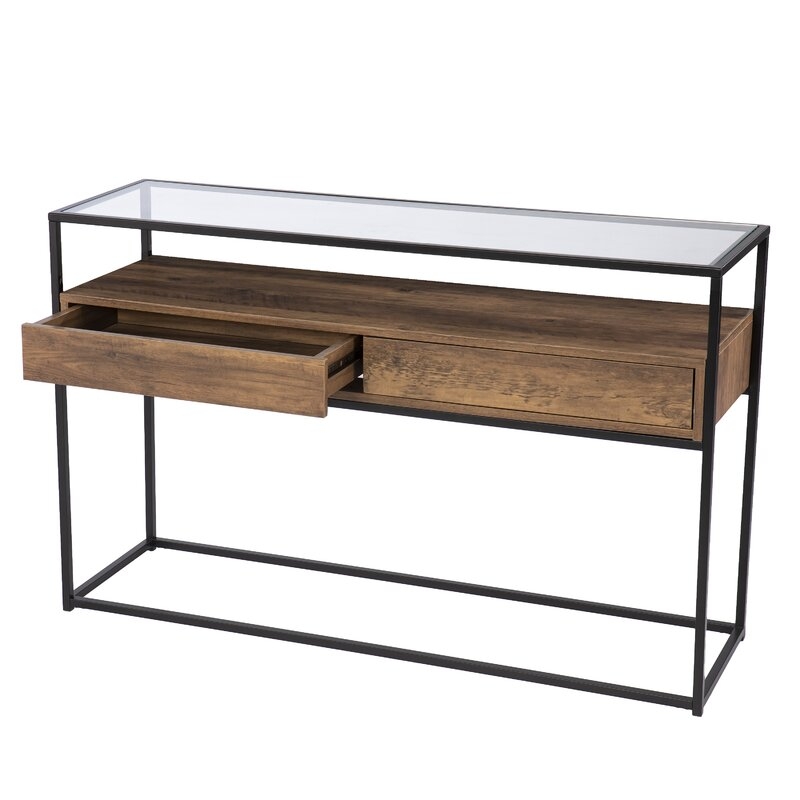Olivern Glass-Top Console Table W/ Storage, Black And Natural - Image 1