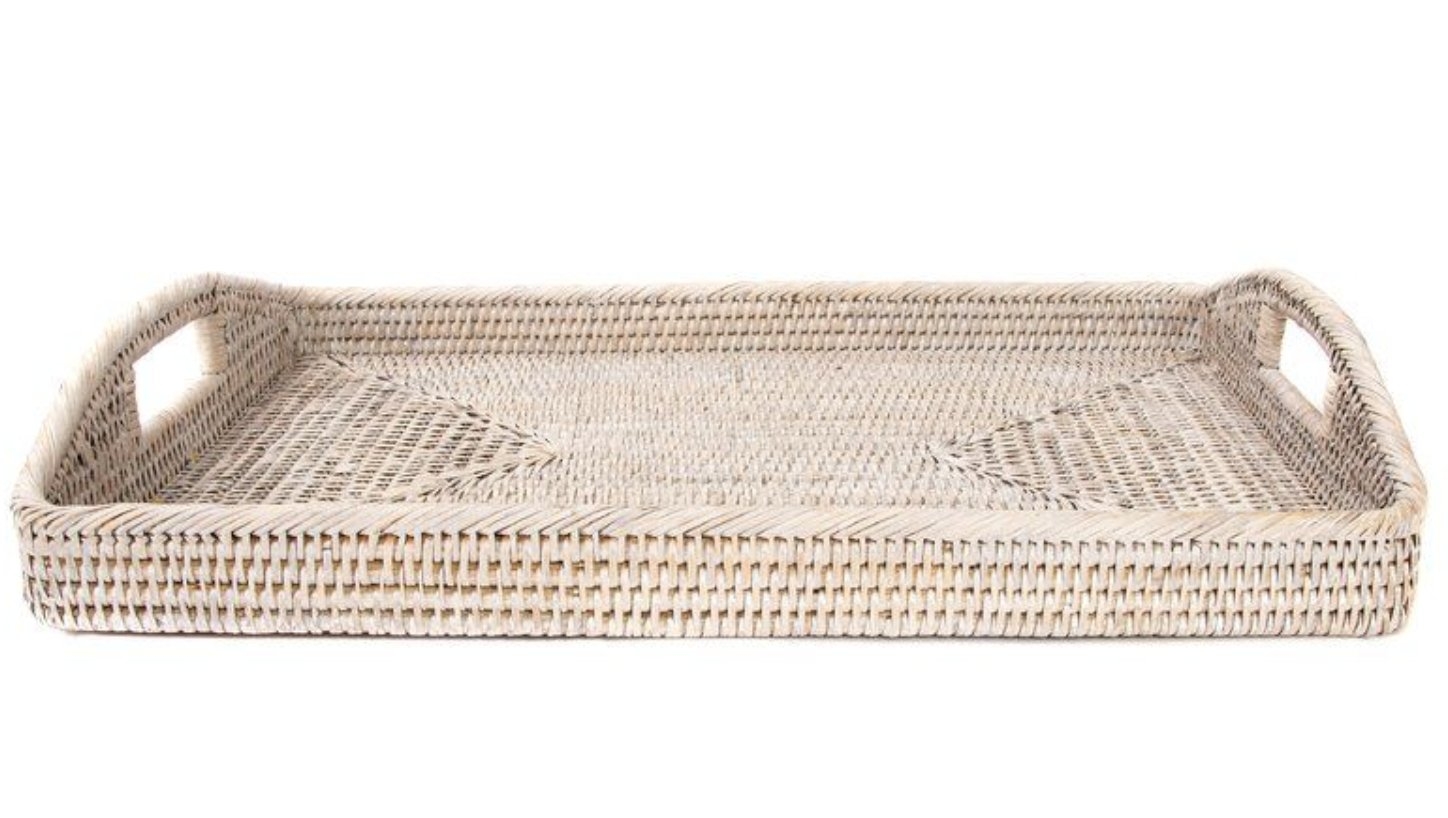 Kye Rattan Rectangular Tray with High Handles white wash - Image 0