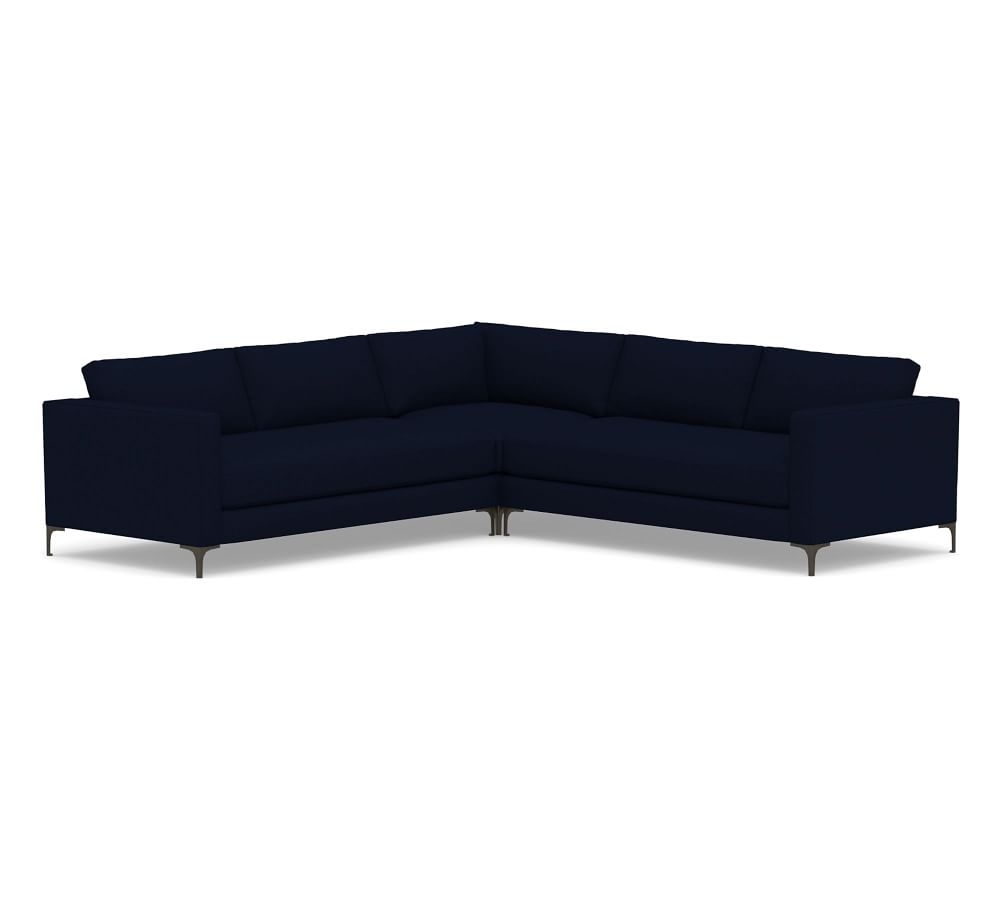 Jake Upholstered 3-Piece L-Shaped Corner Sectional, Bench Cushion, Bronze Legs, Polyester Wrapped Cushions, Performance Everydaylinen(TM) Navy - Image 0