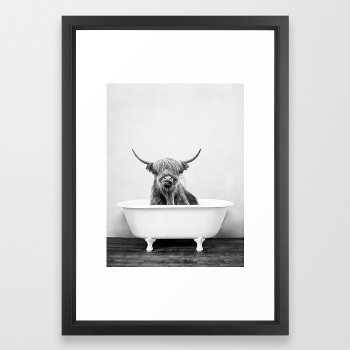 Highland Cow in a Vintage Bathtub (bw) Framed Art Print - Image 0