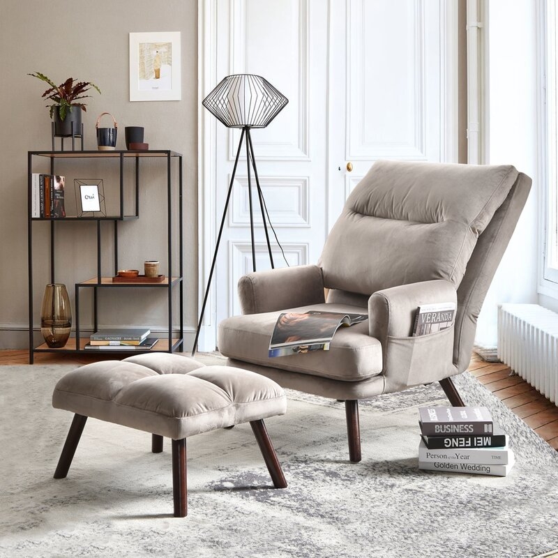 Kliebert 29.52" W Lounge Chair and Ottoman, Gray Velvet - Image 0