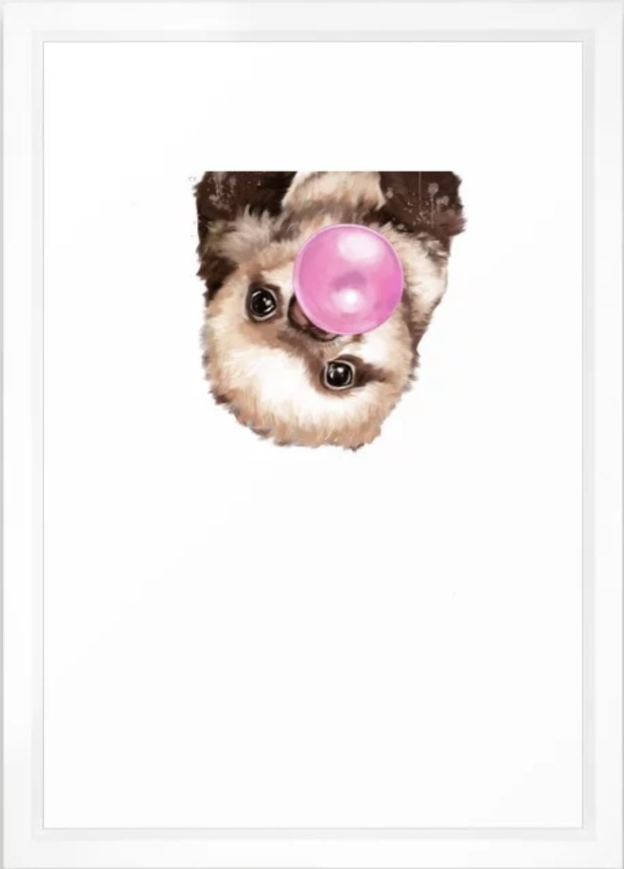 Baby Sloth Playing Bubble Gum Framed Art Print - 15" X 21" - vector white frame - Image 0