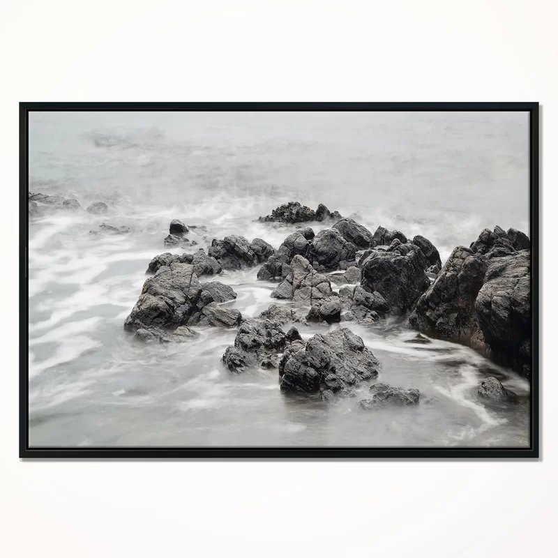 ''Black and White Rocky Coastline' Framed Photographic Print on Wrapped Canvas - Image 0