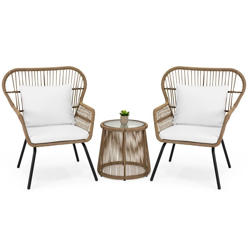 Strine 3-Piece Patio Wicker Conversation Bistro Set W/ 2 Chairs, Glass Top Side Table, Cushions - Image 0