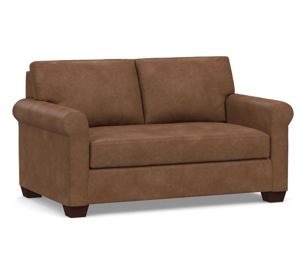 York Roll Arm Leather Loveseat 75" with Bench Cushion, Polyester Wrapped Cushions, Statesville Toffee - Image 0