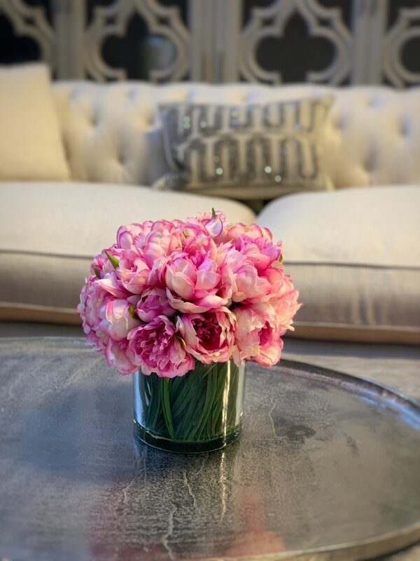 Faux Peonies Floral Arrangement in Glass Vase - Image 1
