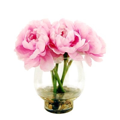 Peonies in a Glass Vase with River Rocks and Faux Water - Image 1