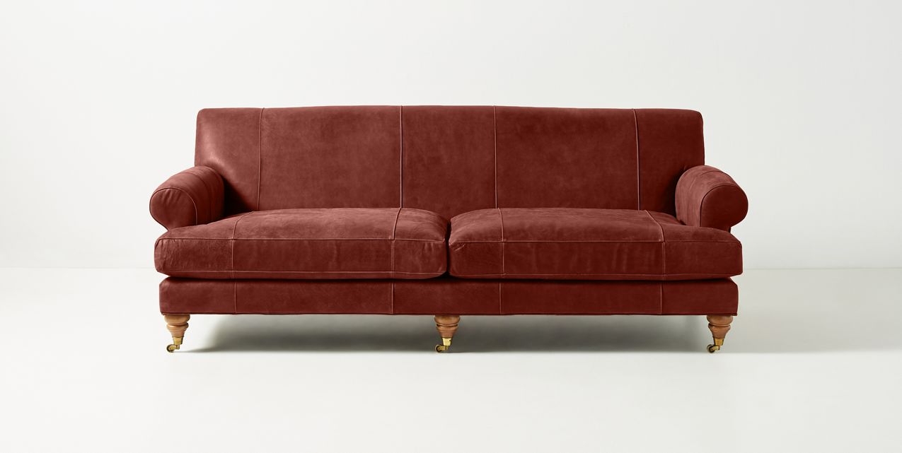 MADE TO ORDER -79" Willoughby Two-Cushion Leather Sofa By Anthropologie - Winchester Leather in Oxblood, Wood in Landon, Metal in Antique Brass - Image 1