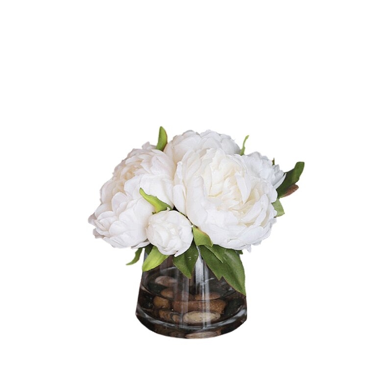 Faux Peony Floral Arrangement in Glass Vase - Image 0