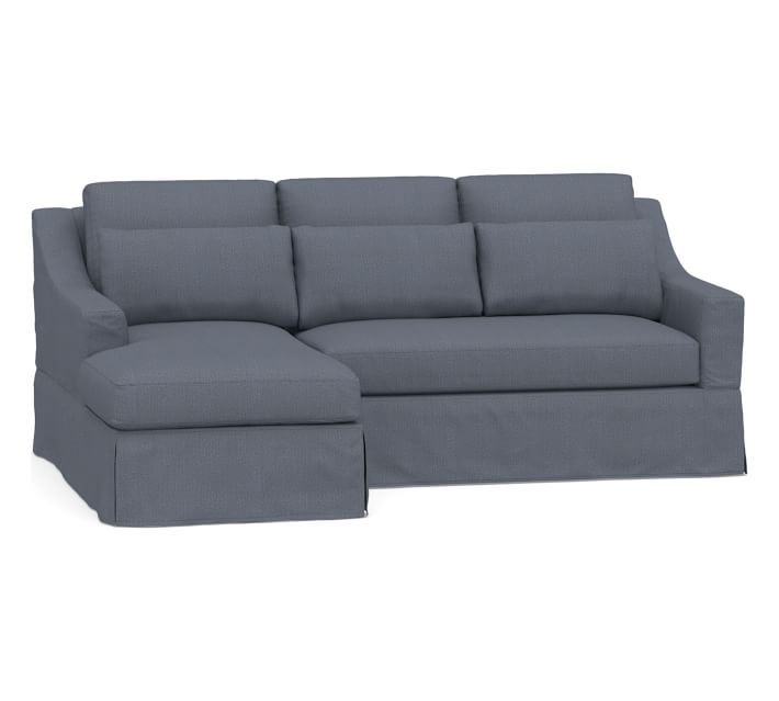 York Slope Arm Slipcovered Deep Seat Right Arm Loveseat with Chaise Sectional, Bench Cushion, Down Blend Wrapped Cushions, Sunbrella(R) Performance Boss Herringbone Indigo - Image 0