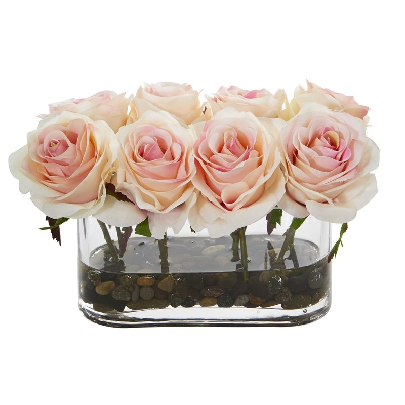 Blooming Rose Artificial Floral Arrangement in Glass Vase - Image 0