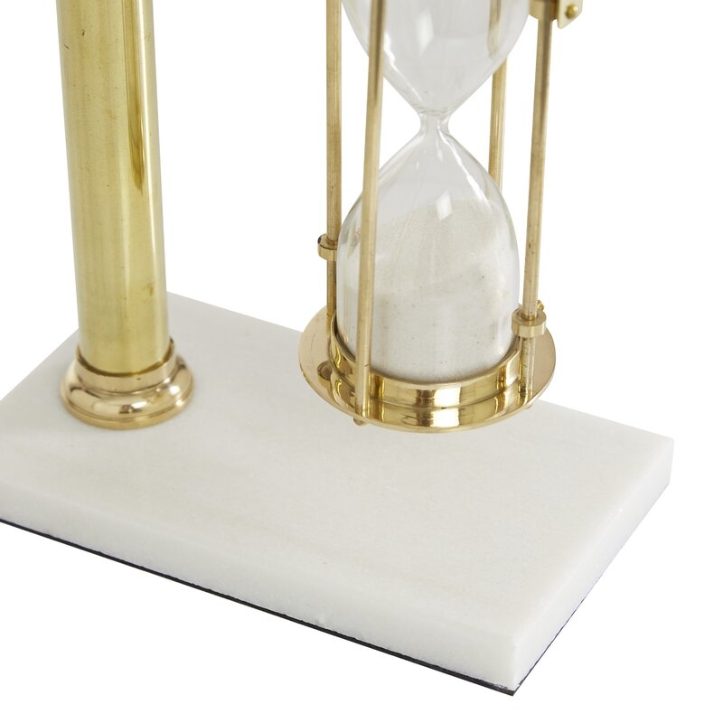 Silver Brass Hanging Sand Timer On Rectangular White Marble Base, 7" X 11" - Image 2