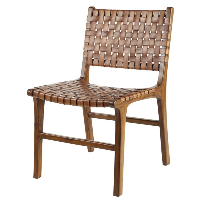 Albright Armless Brown Teak Wood & Top Grain Woven Leather Dining Chair, 21" X 33 - Image 0