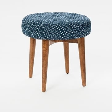 Mid-Century Upholstered Round Bench, Linen Weave, Regal Blue, Pecan - Image 2