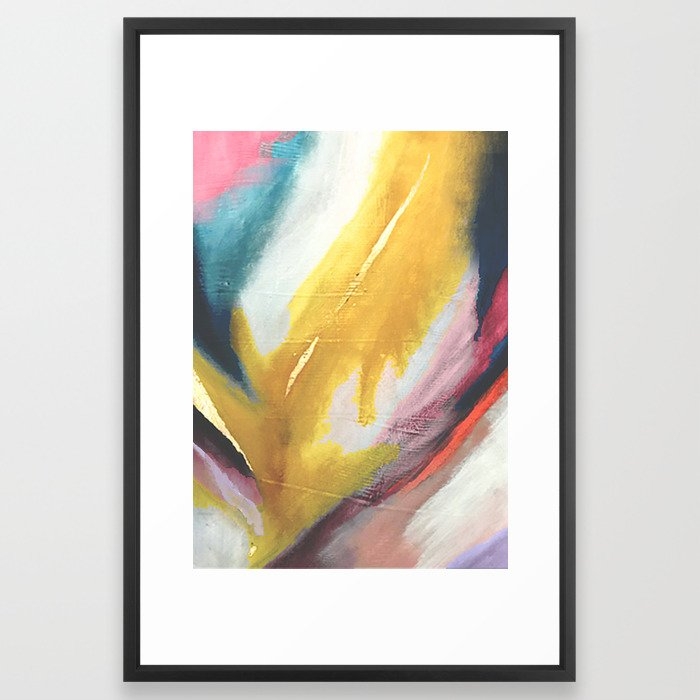 Ambition: a colorful abstract piece in bold yellow, blue, pink, red, and gold Framed Art Print - Image 0